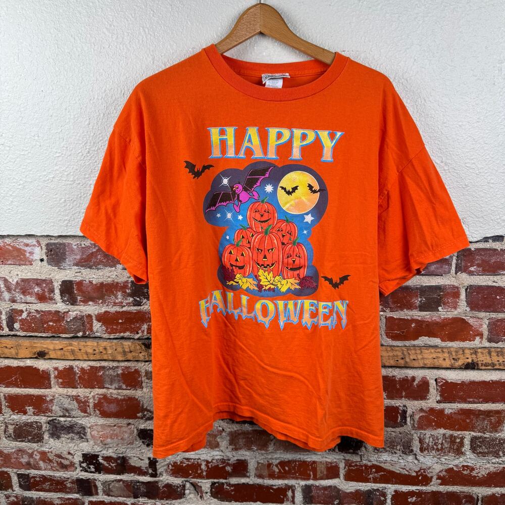 Vintage Halloween Shirt Size XL Orange Short Sleeve JackOLantern Bats Full Moon